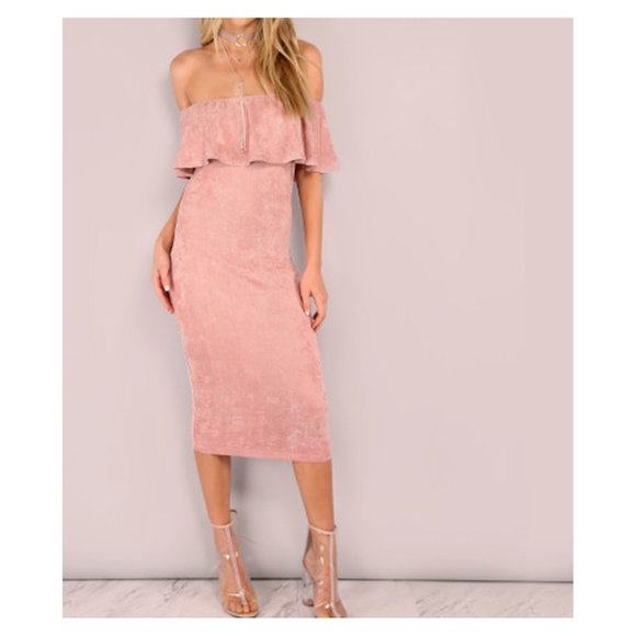 MBM Unlimited Dresses & Skirts - Pink Faux Suede Off the Shoulder Ruffle Midi Dress